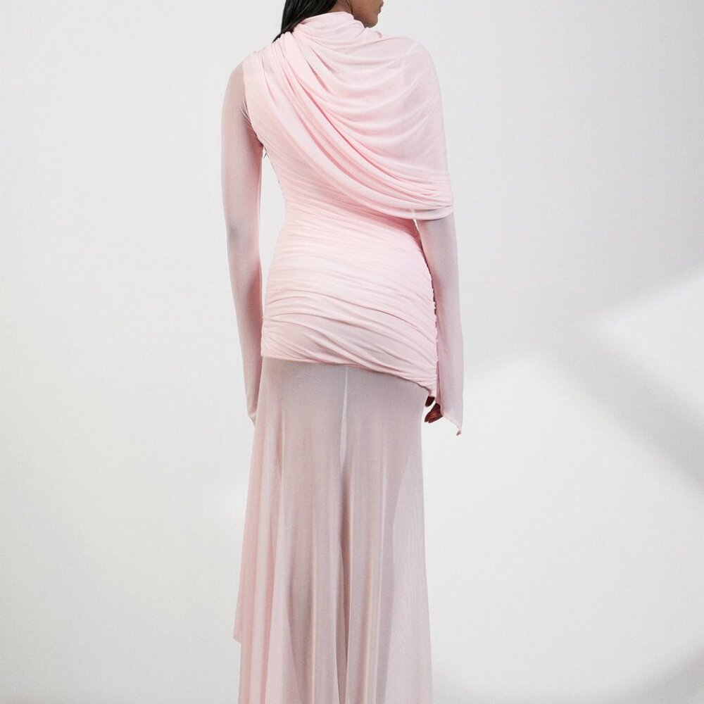 Deme by Gabriella Isla Dress in Baby Pink draped long sleeve sheer gown maxi - Picture 2 of 9